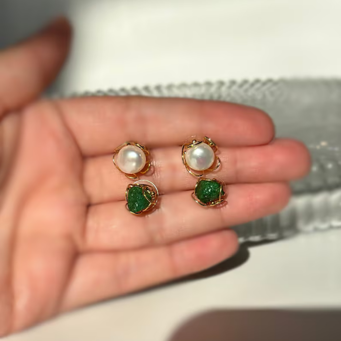 Gold Pearl or Emerald Stud Earrings