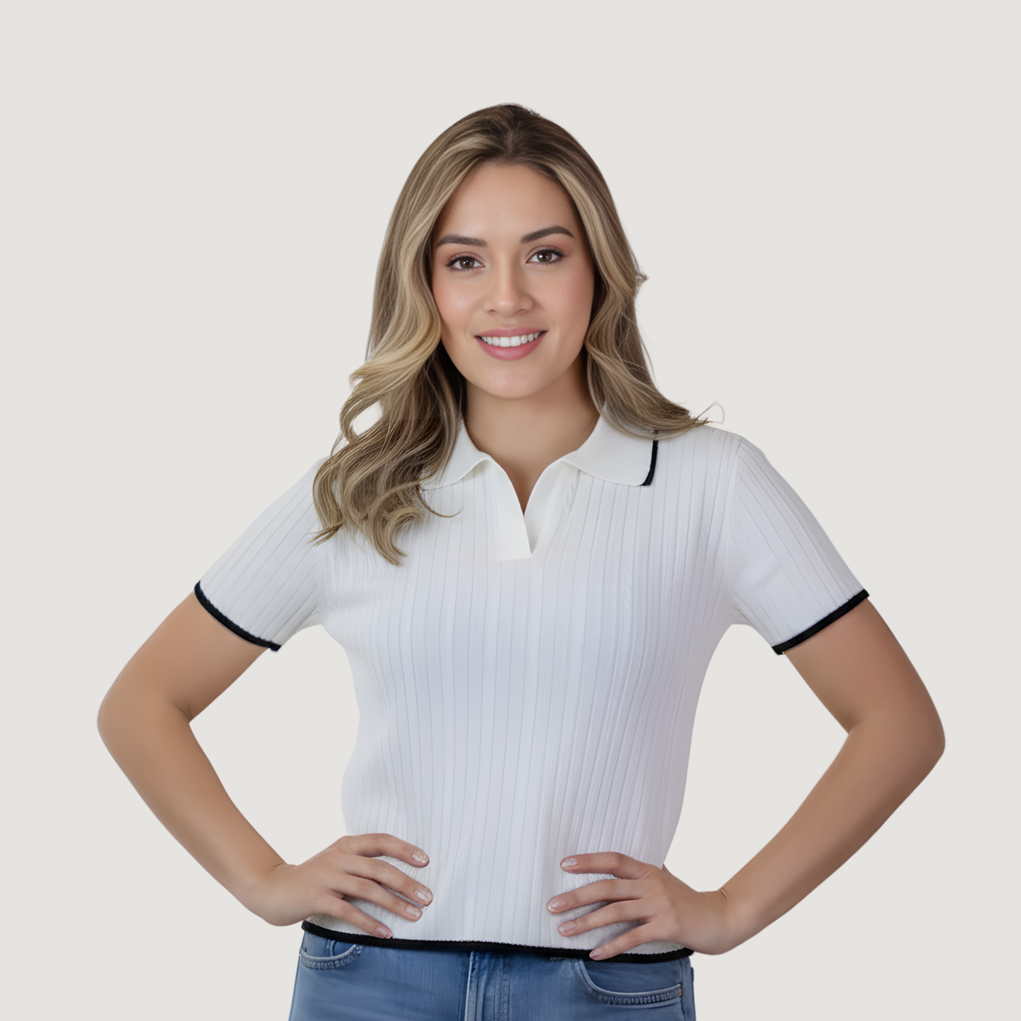 Cable Knit Polo V-Neck Top