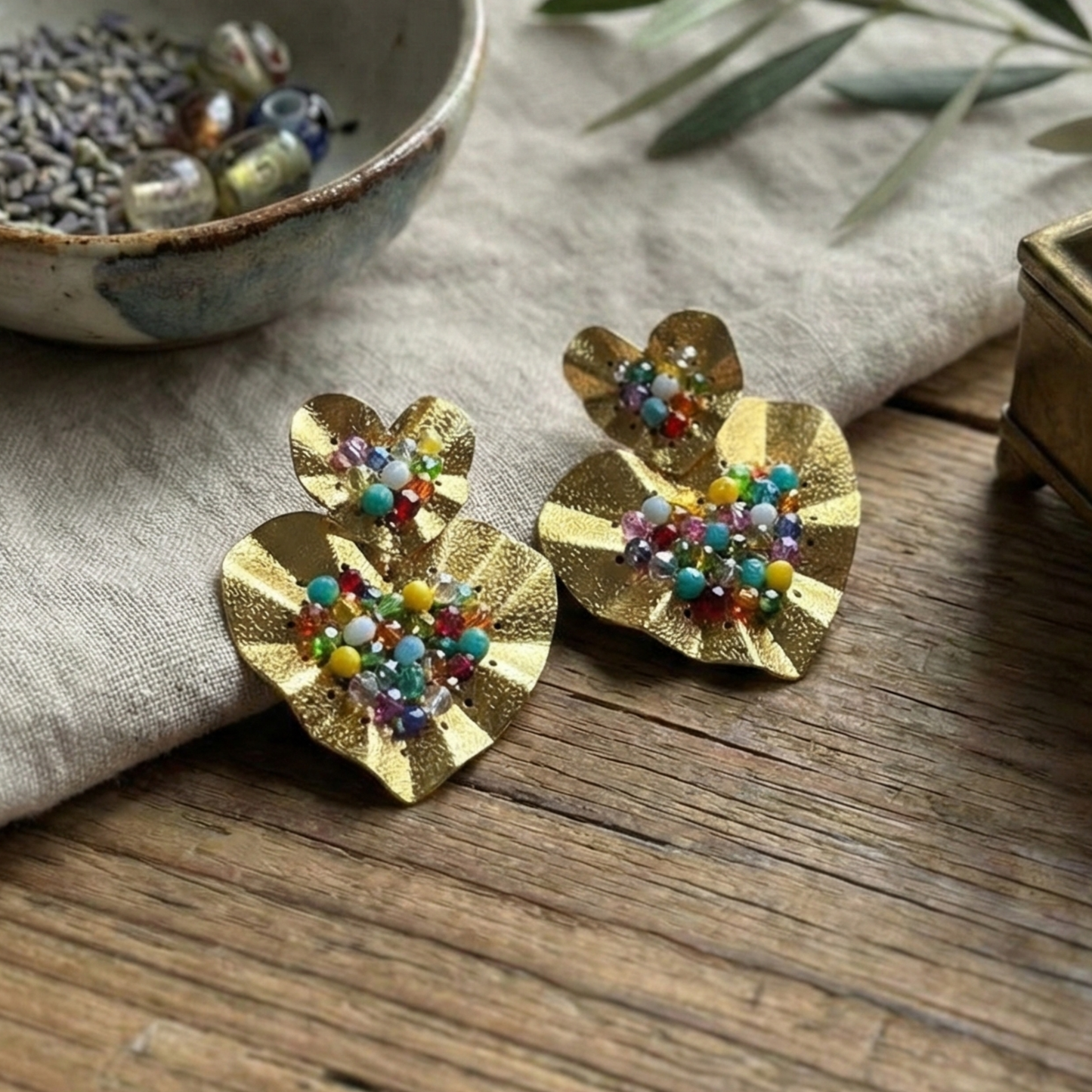 Handmade 18K Gold-Plated Heart Earrings – Colorful Bead Dangle Design