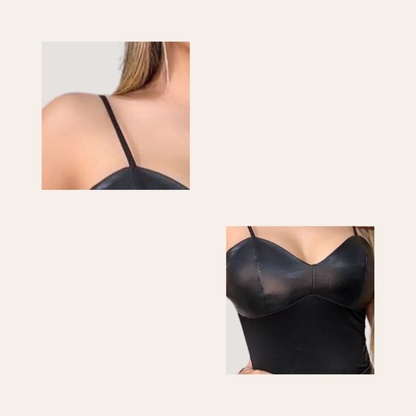 Leather Crop Top - Sheer Mesh Back - V-Neck