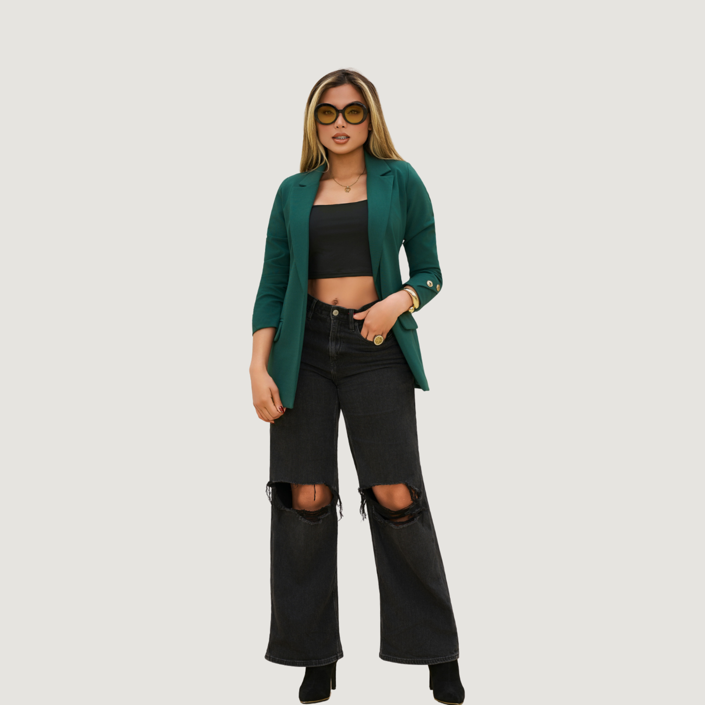 Emerald Green Tailored Blazer for Women – Lined, Pocketed, and Custom Cuff Detail.
