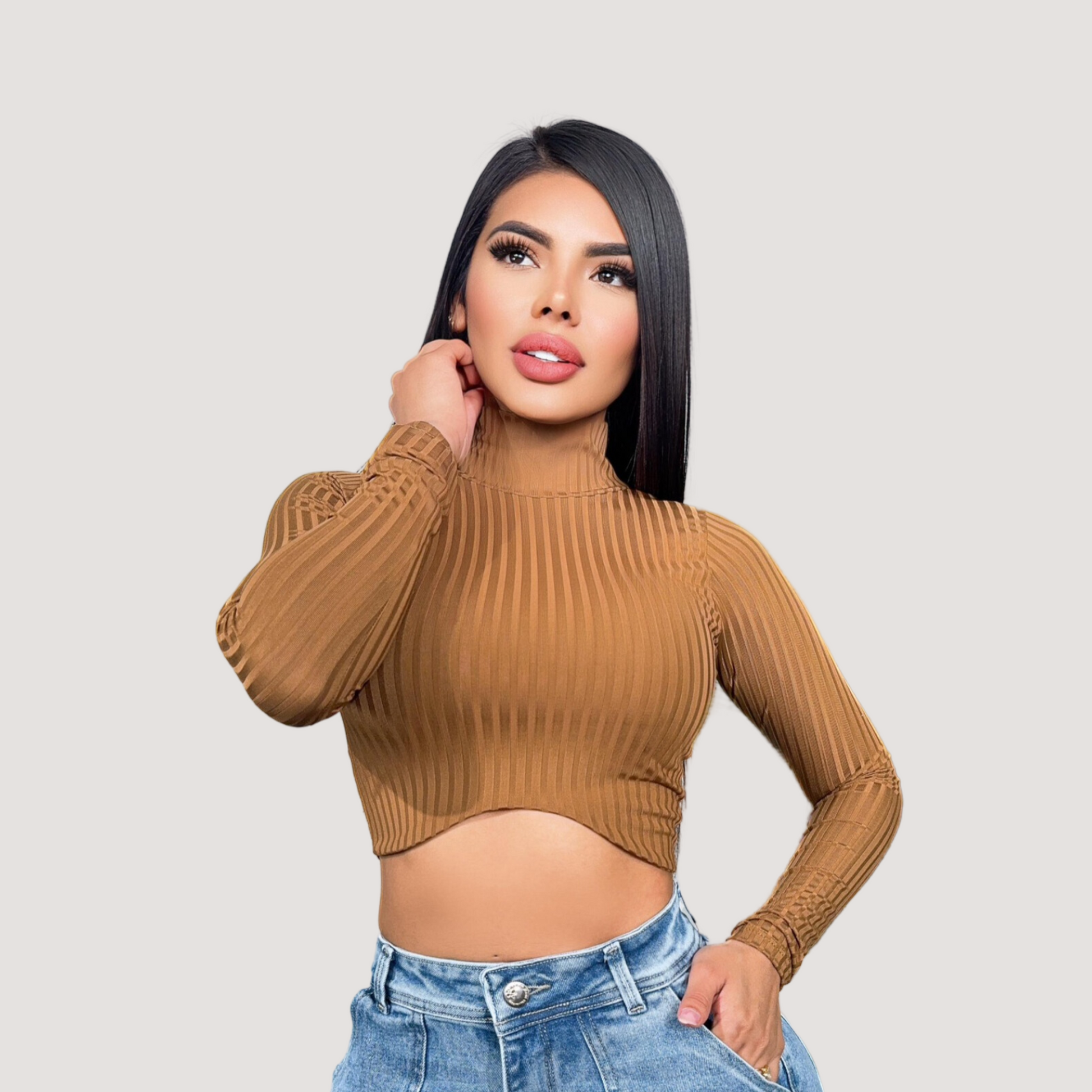 Turtleneck tank top-long sleeves- ribbed - Saida Fashion 