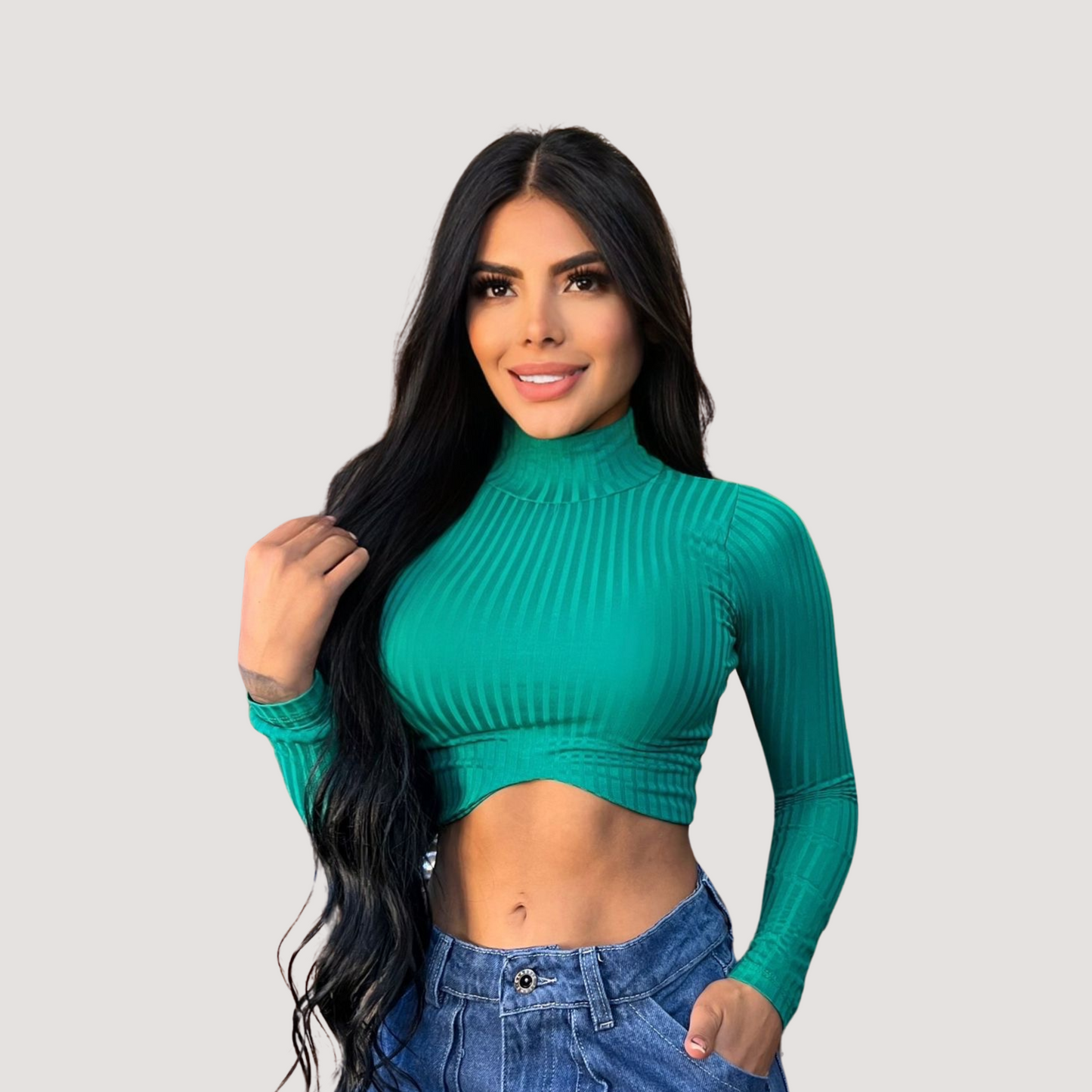 Turtleneck tank top-long sleeves- ribbed - Saida Fashion 
