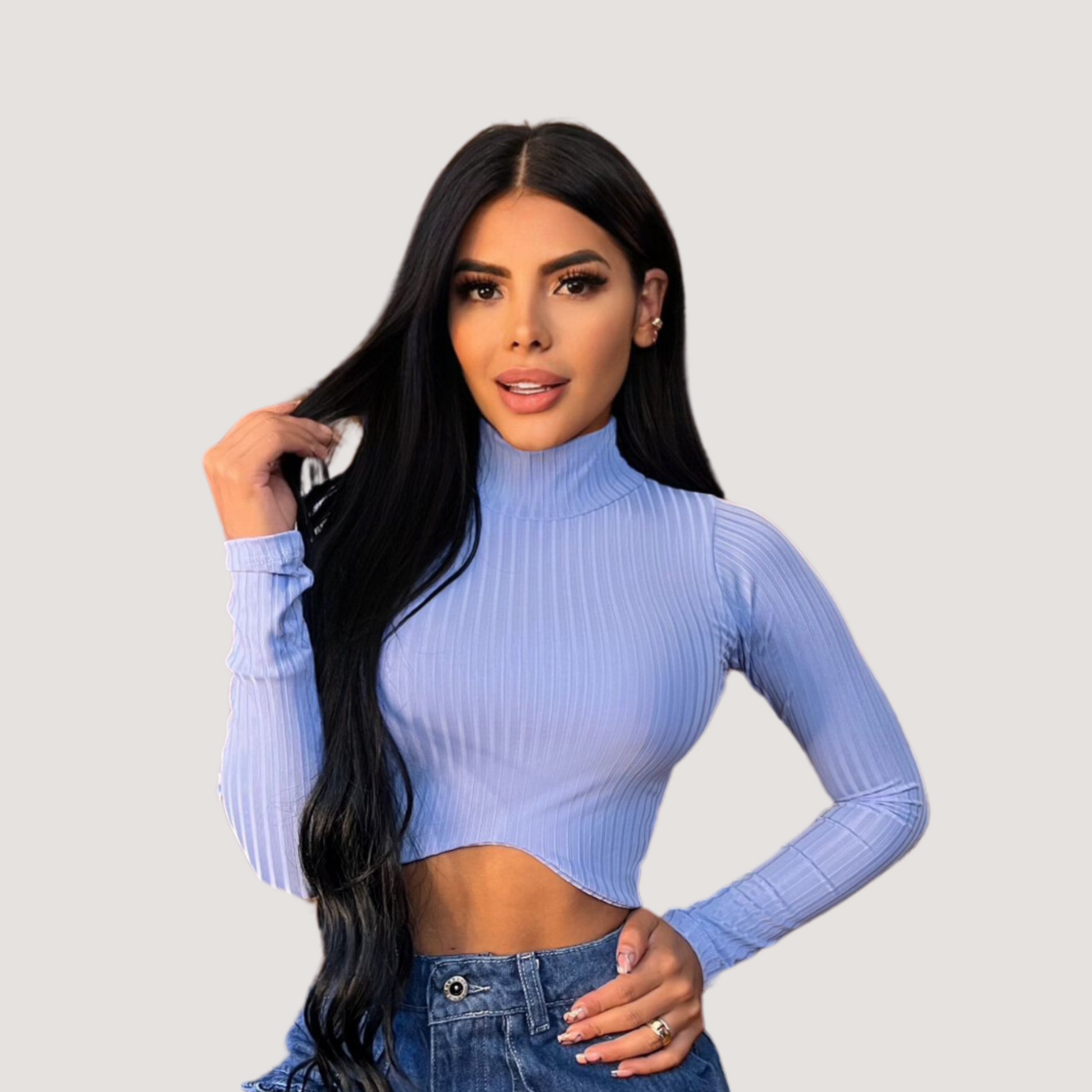 Turtleneck tank top-long sleeves- ribbed - Saida Fashion 