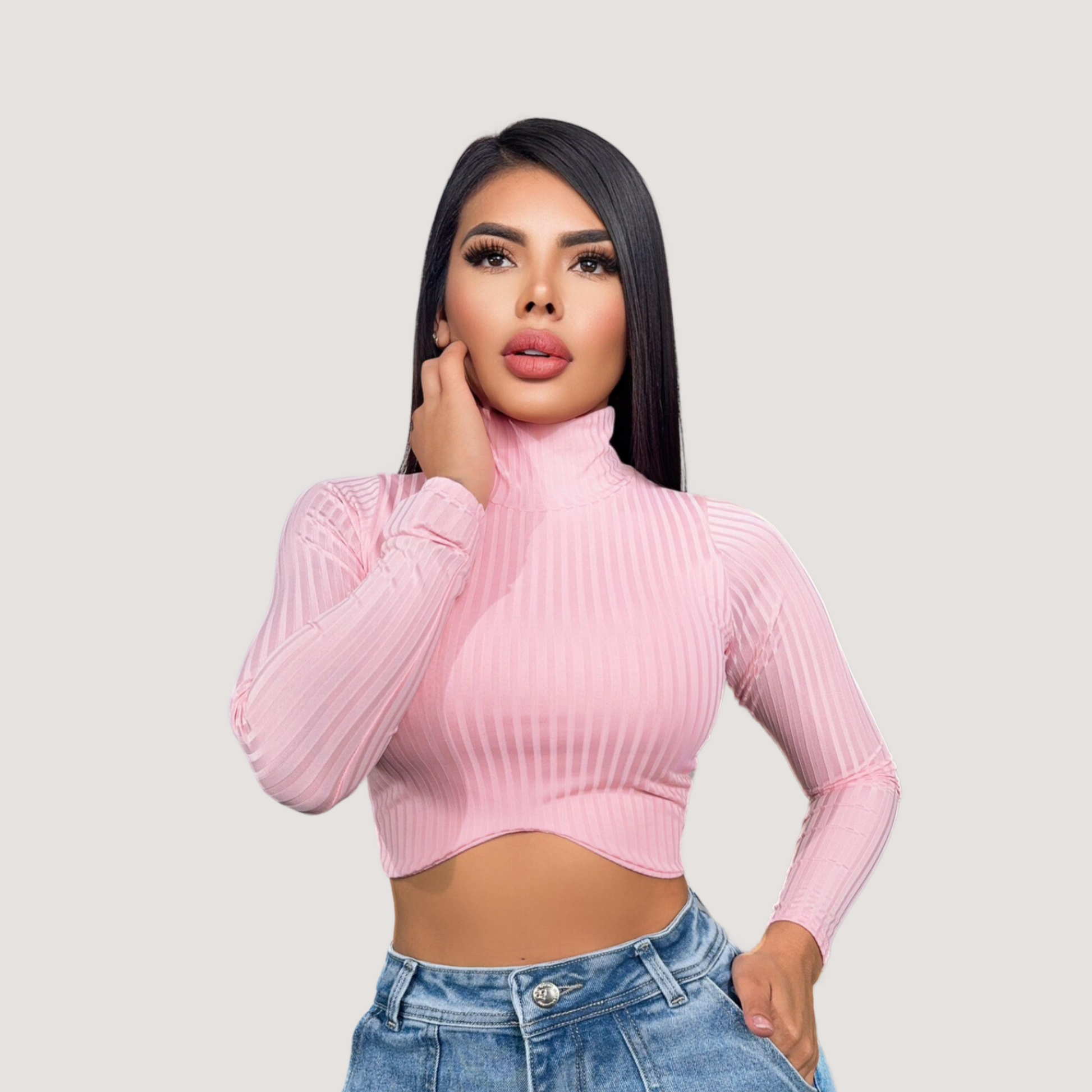 Turtleneck tank top-long sleeves- ribbed - Saida Fashion 