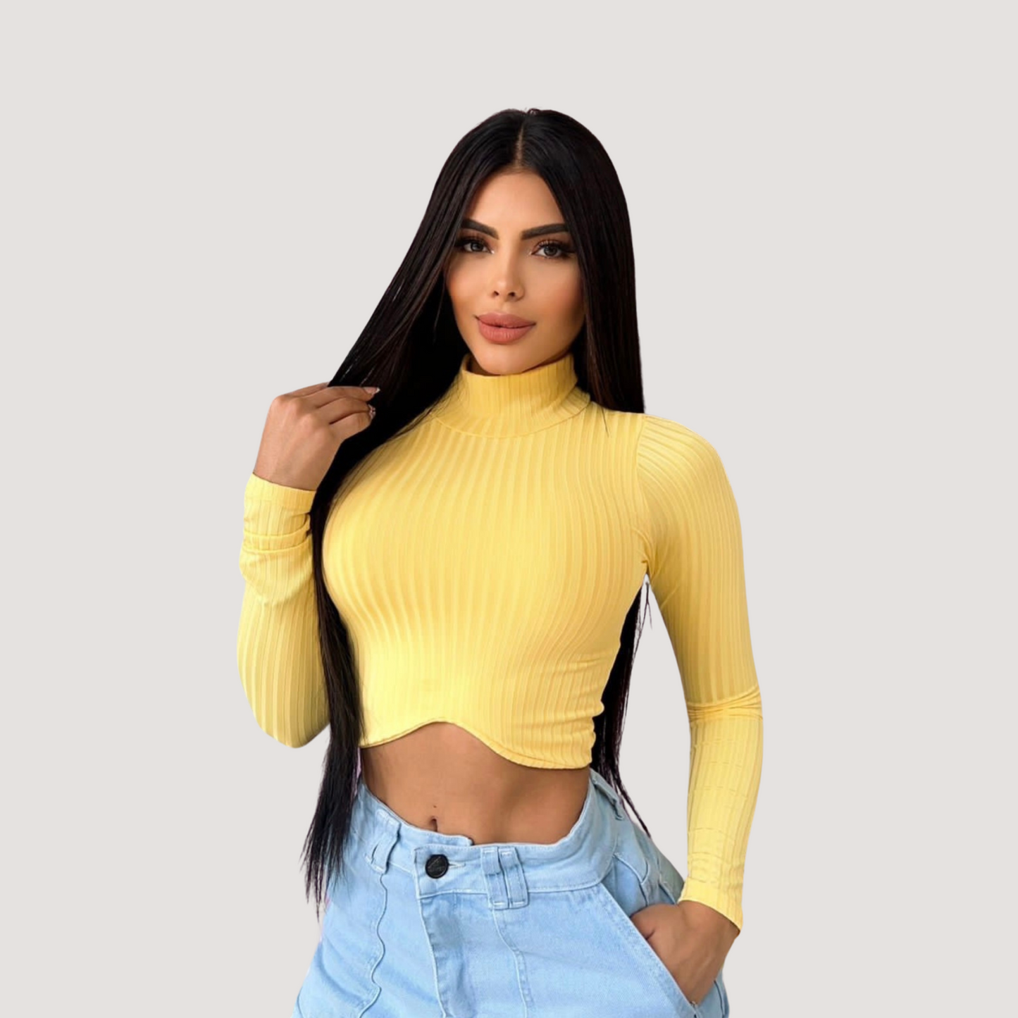 Turtleneck tank top-long sleeves- ribbed - Saida Fashion 