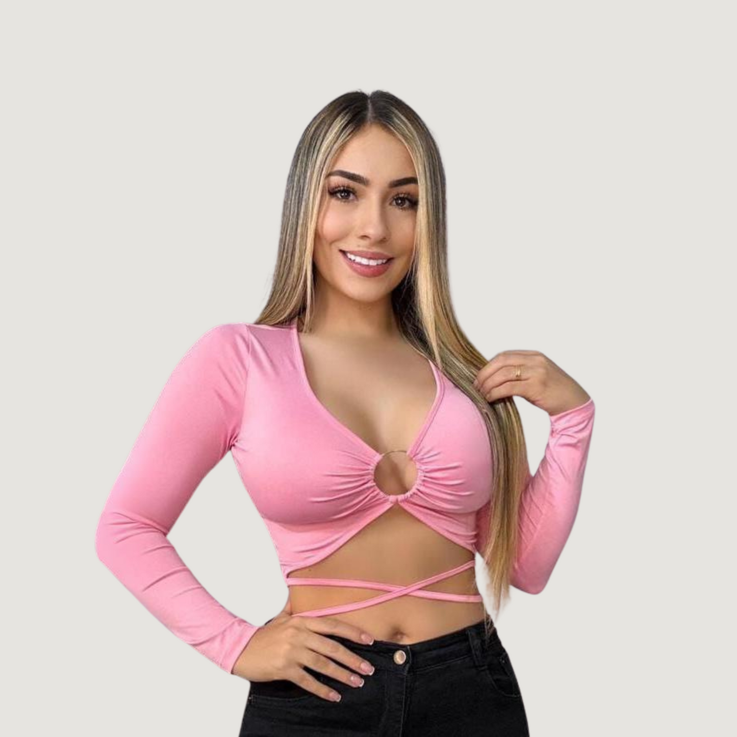 Long Sleeve Crop Top - Open Neckline