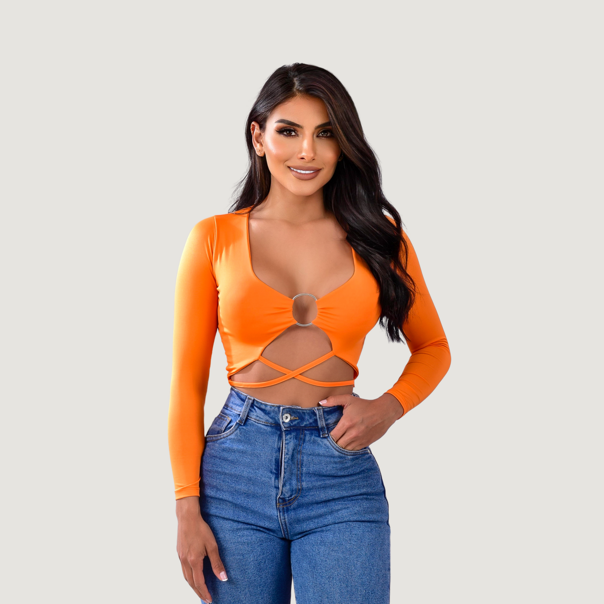 Long sleeve crop top- open neckline - Saida Fashion 