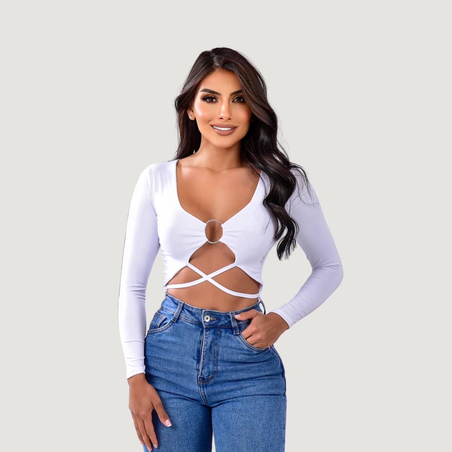 Long sleeve crop top- open neckline - Saida Fashion 
