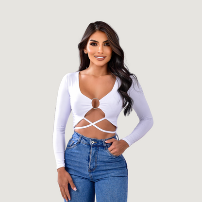 Long sleeve crop top- open neckline - Saida Fashion 