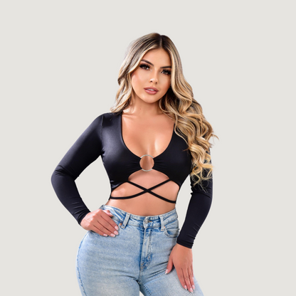Long Sleeve Crop Top - Open Neckline