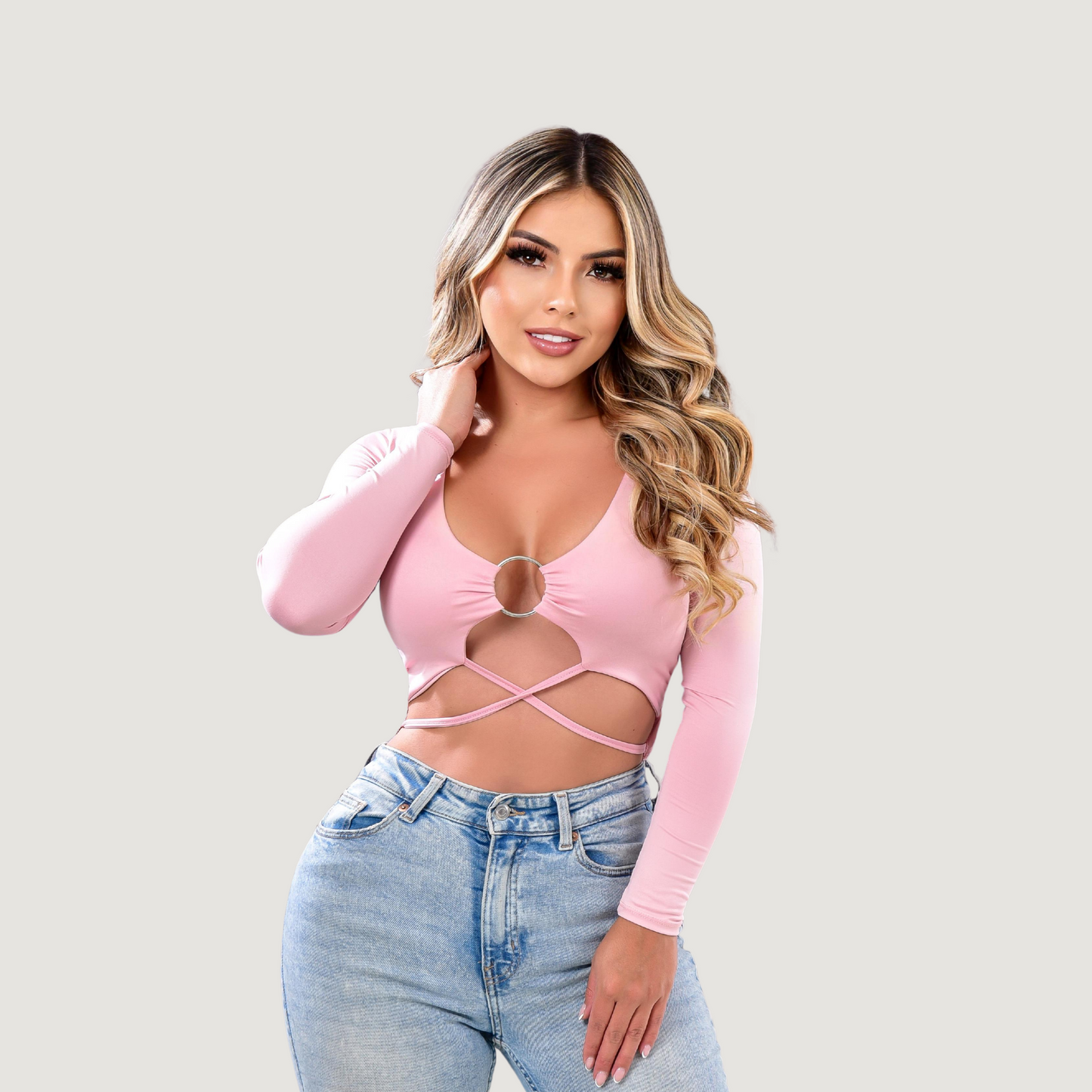Long Sleeve Crop Top - Open Neckline