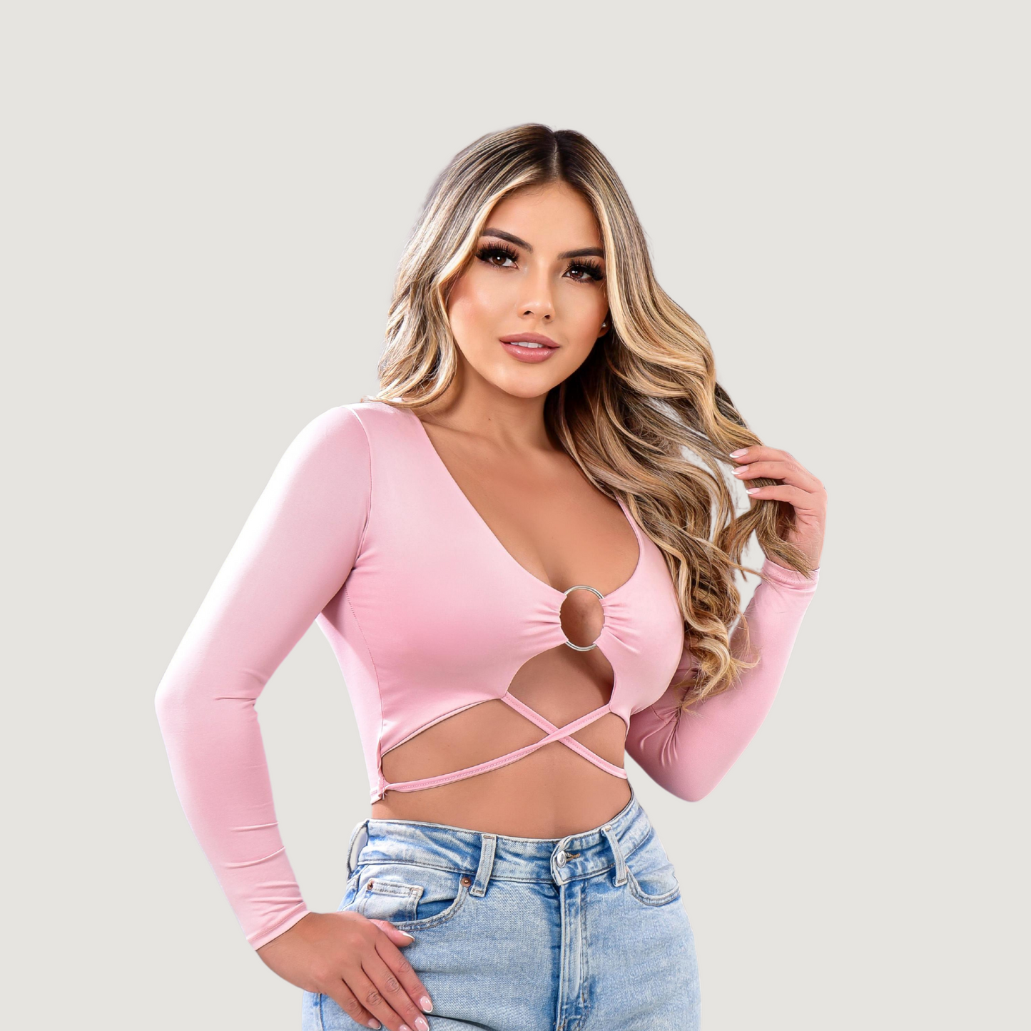 Long Sleeve Crop Top - Open Neckline