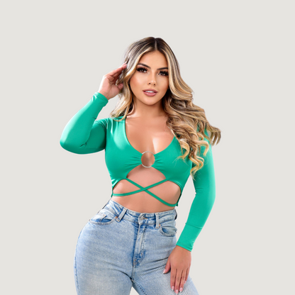 Long Sleeve Crop Top - Open Neckline