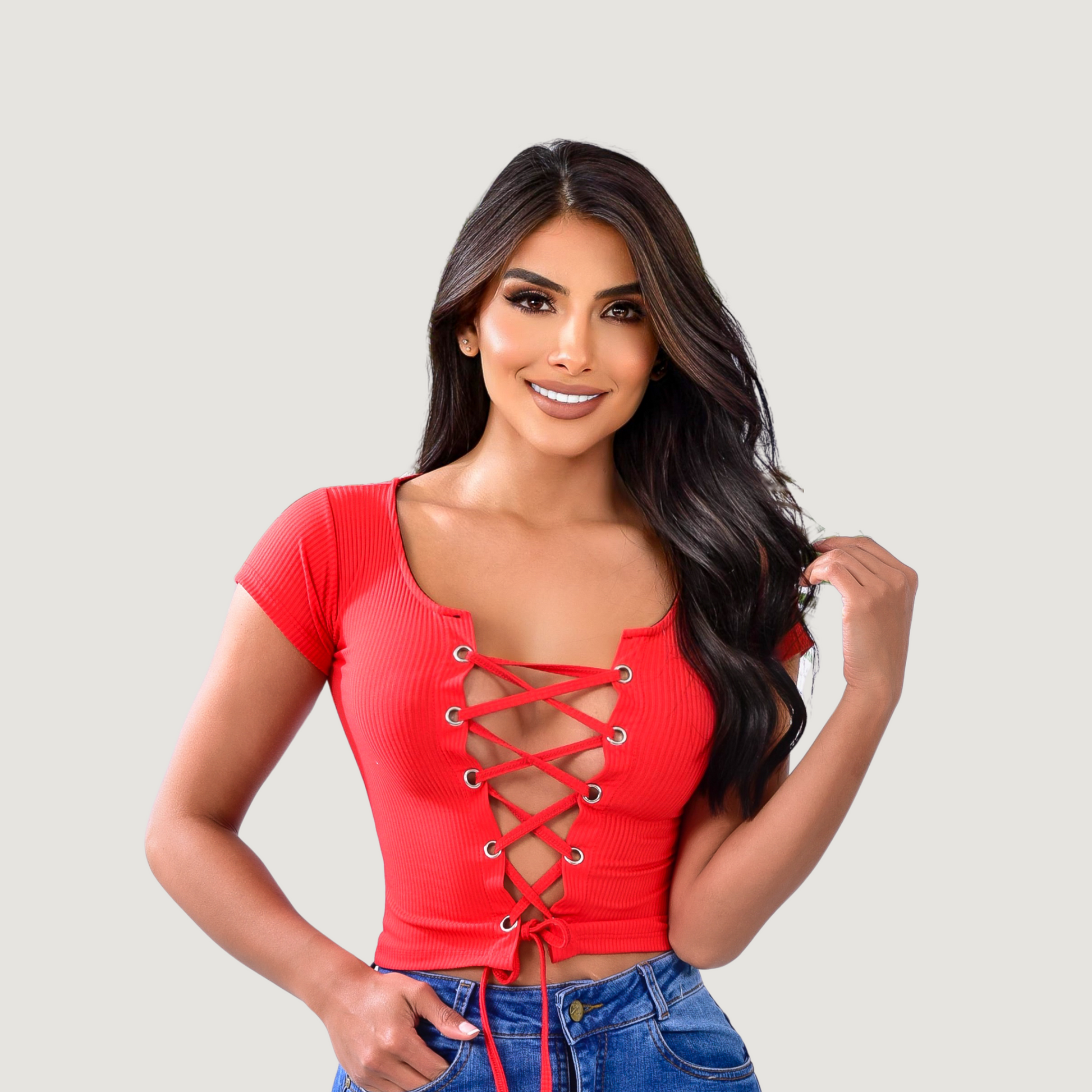 Criss cross crop top with lace-up neckline - Saida Fashion 