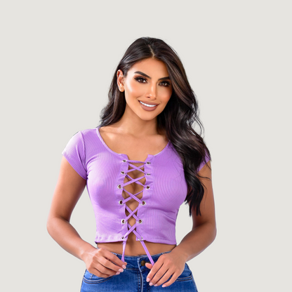 Criss cross crop top with lace-up neckline - Saida Fashion 