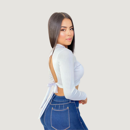 Ribbed Backless Long Sleeve Top..