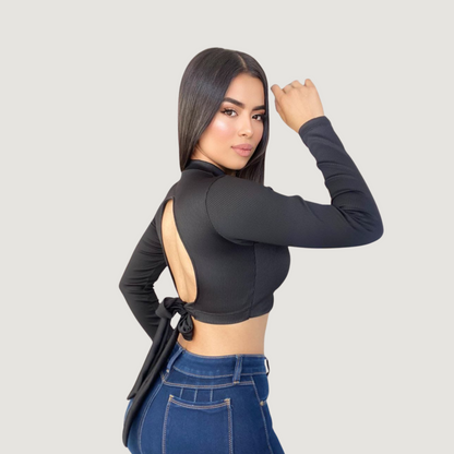 Ribbed Backless Long Sleeve Top..