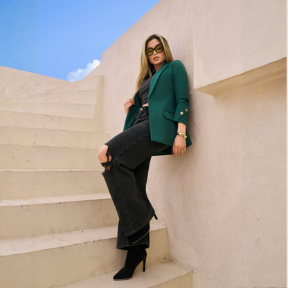 Emerald Green Tailored Blazer for Women – Lined, Pocketed, and Custom Cuff Detail.