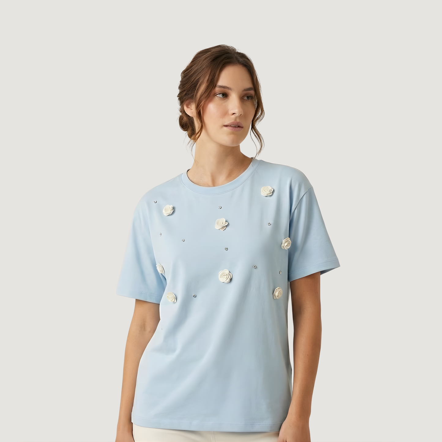 Oversized Tee with 3D Floral Appliqué