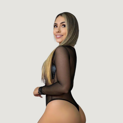 Sheer Mesh Bodysuit - Long Sheer Sleeves - Saida Fashion 