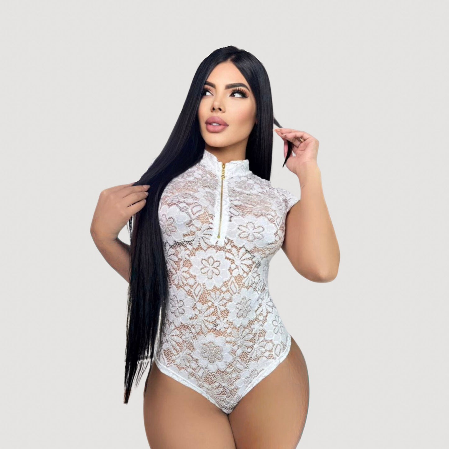 Women's Lace Bodysuit Top - Zipper Detail..