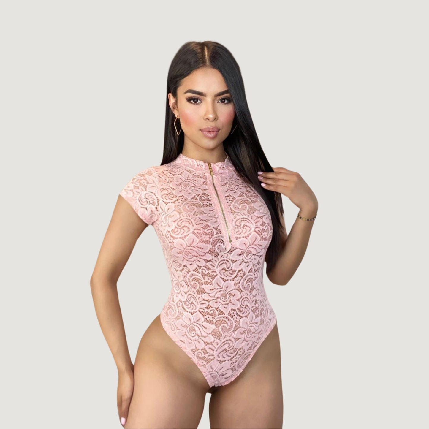 Women's Lace Bodysuit Top - Zipper Detail..