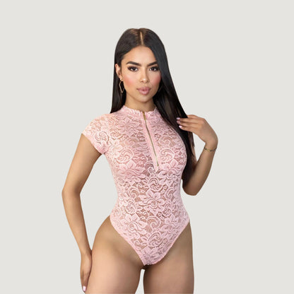 Women's Lace Bodysuit Top - Zipper Detail..