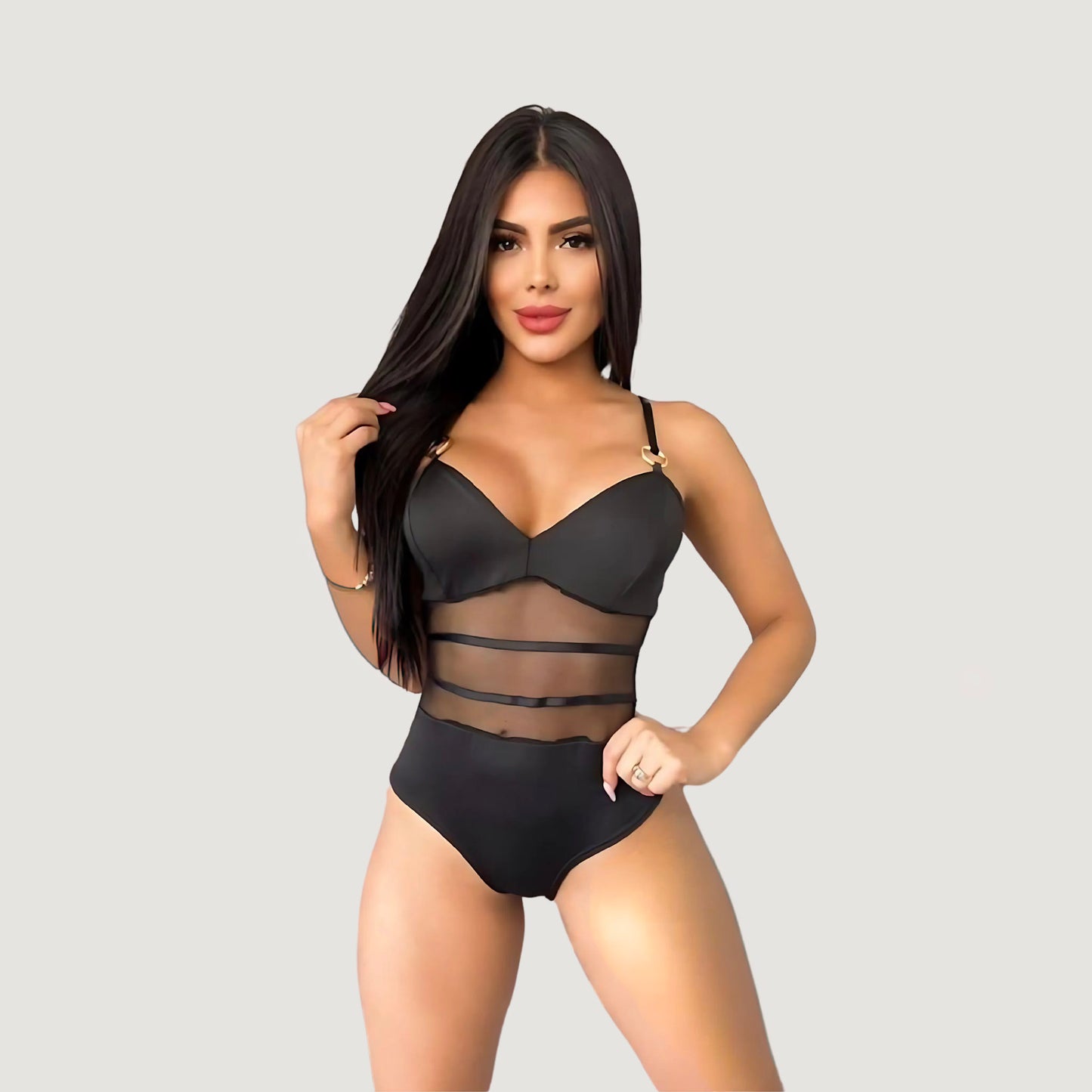 Sheer Mesh Bodysuit with Metallic Touch..