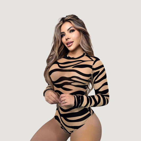 Leopard Mesh Bodysuit with Velvet Texture..