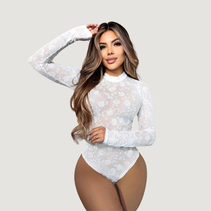Leopard Mesh Bodysuit with Velvet Texture
