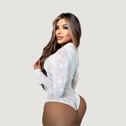 Leopard Mesh Bodysuit with Velvet Texture