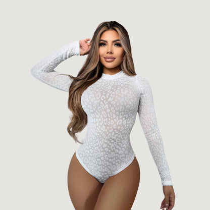Leopard Mesh Bodysuit with Velvet Texture..