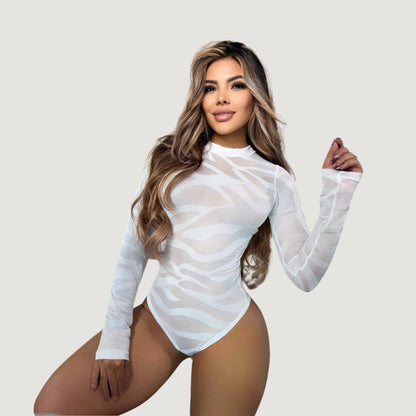 Leopard Mesh Bodysuit with Velvet Texture..