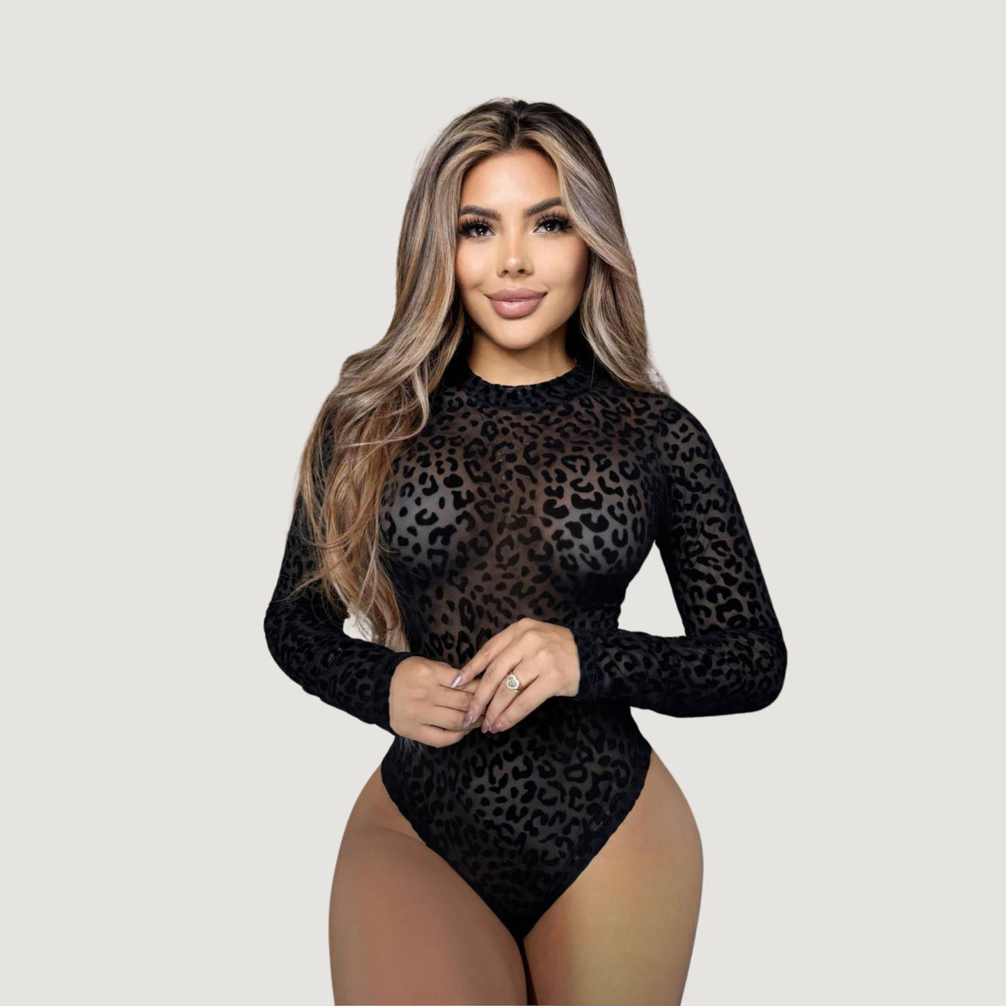 Leopard Mesh Bodysuit with Velvet Texture..