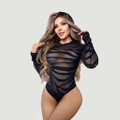 Leopard Mesh Bodysuit with Velvet Texture