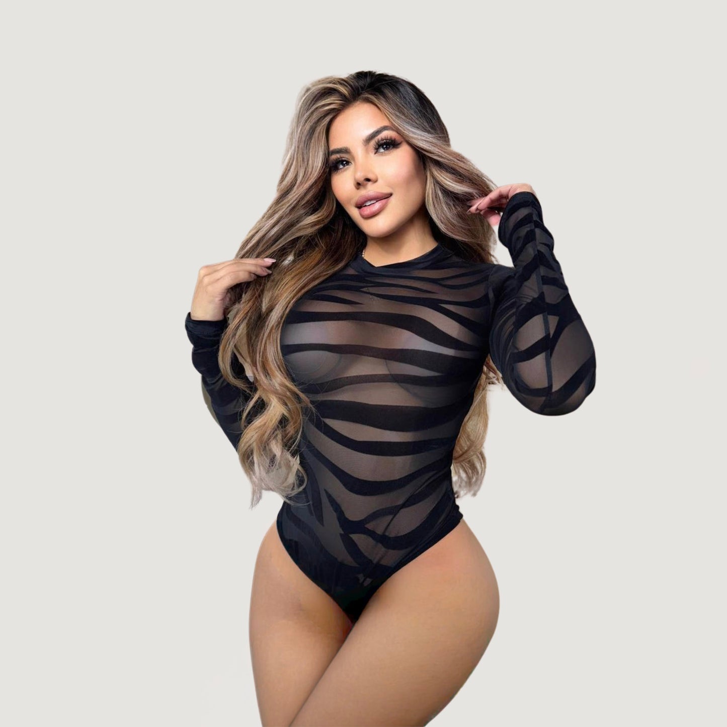 Leopard Mesh Bodysuit with Velvet Texture
