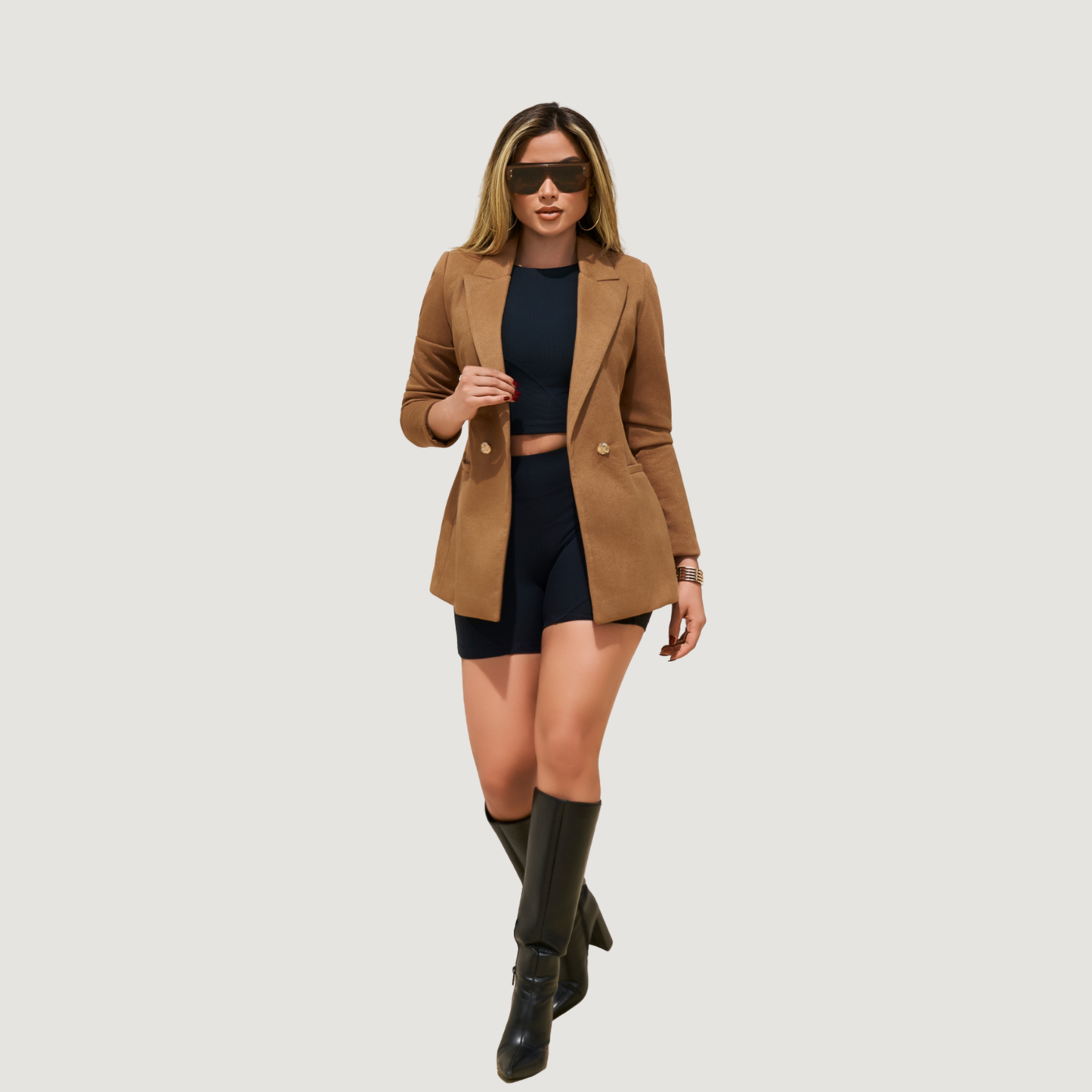 Double-Breasted Blazer in Textured Faux Wool – Gold-Tone Buttons.