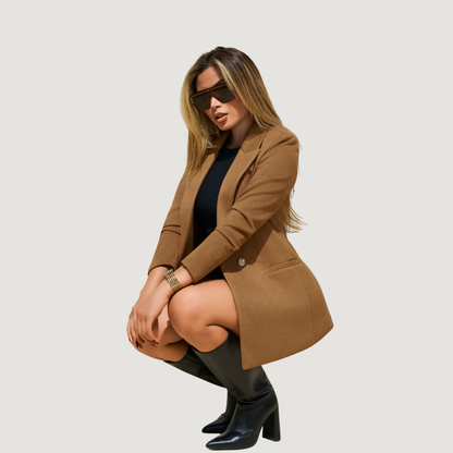 Double-Breasted Blazer in Textured Faux Wool – Gold-Tone Buttons.
