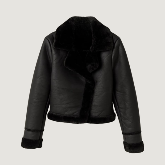 Cropped Jacket Black Fur Trim