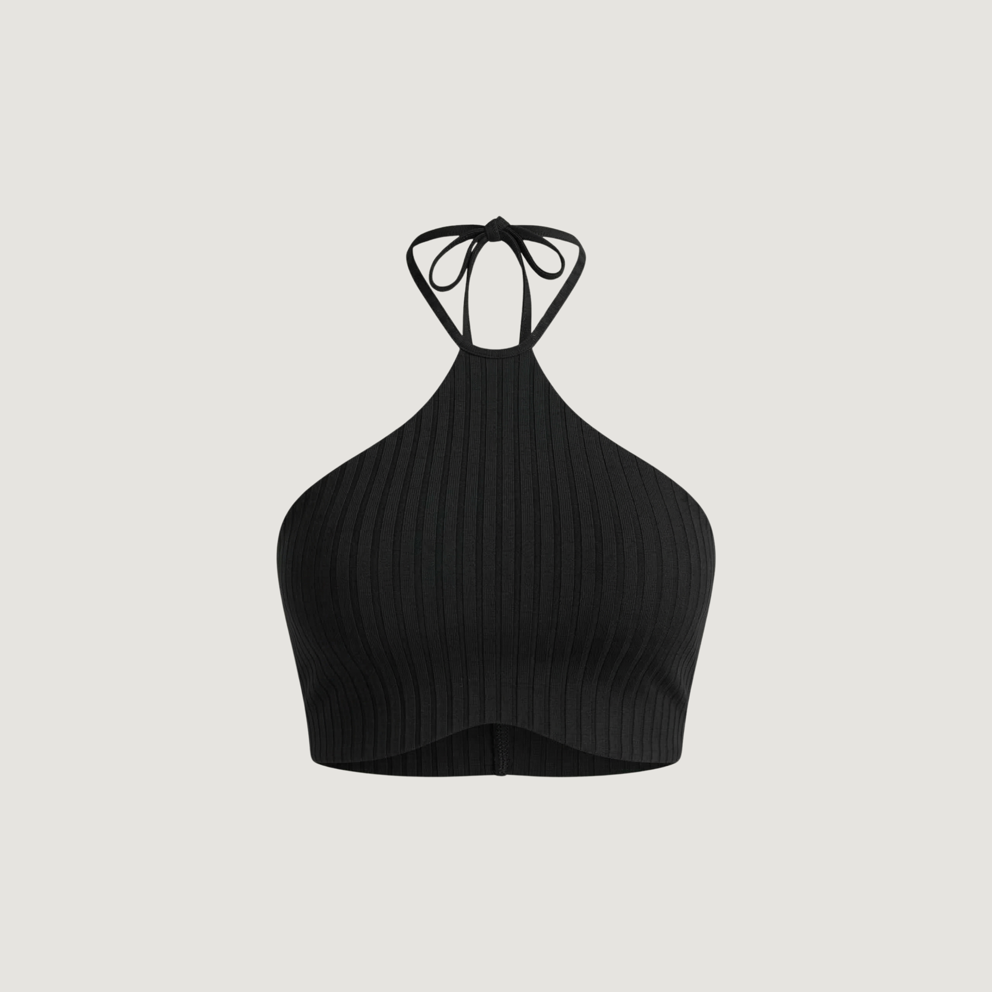 Black ribbed crop top on a light gray background