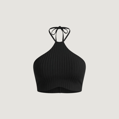 Black ribbed crop top on a light gray background
