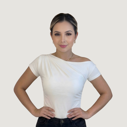 Boat Neck Asymmetric Ruched Top