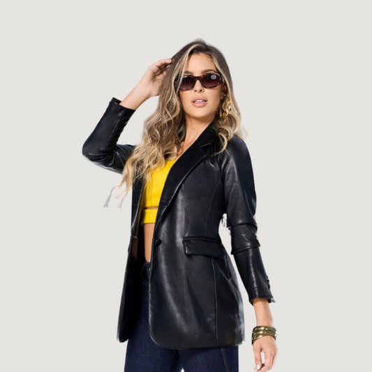 Elegant Blazer with Faux Leather Finish..