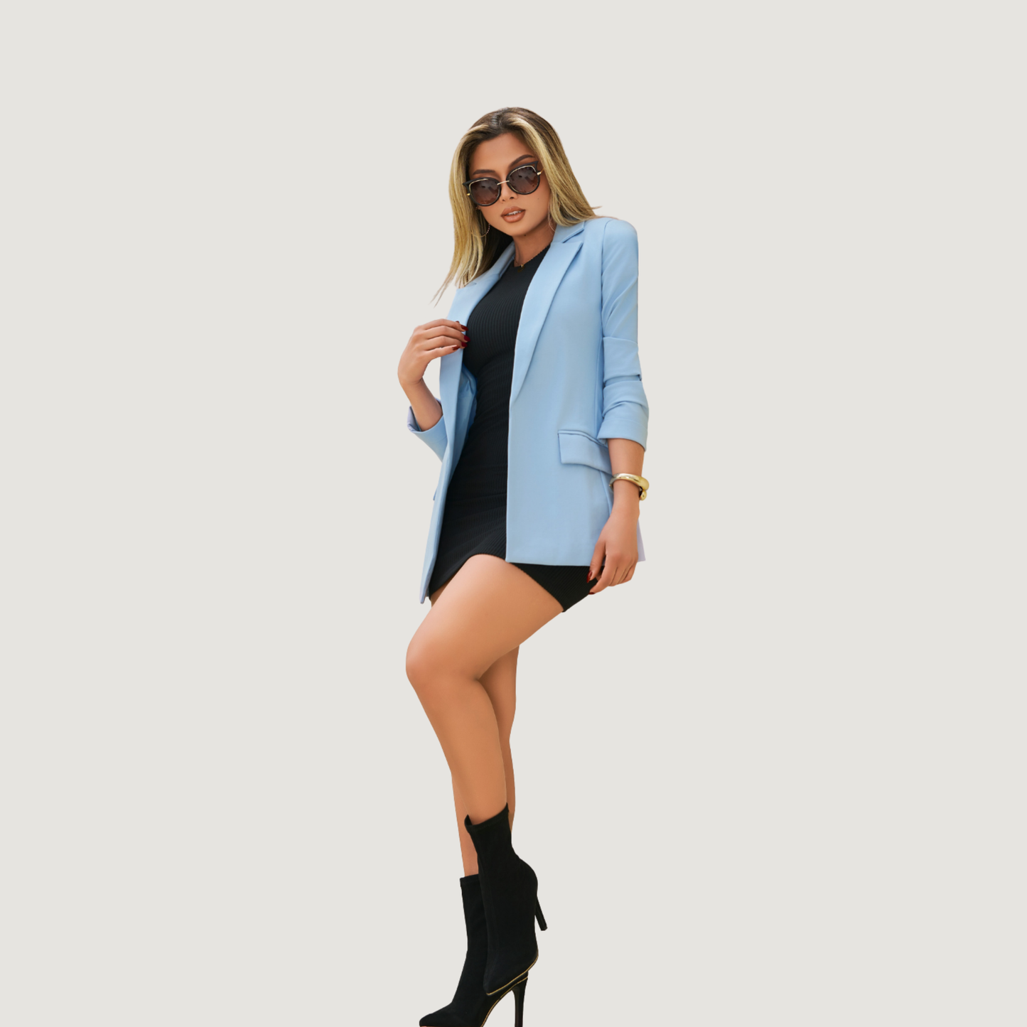 Sky Blue Faux Wool Long Blazer, Flap Pockets, Fully Lined