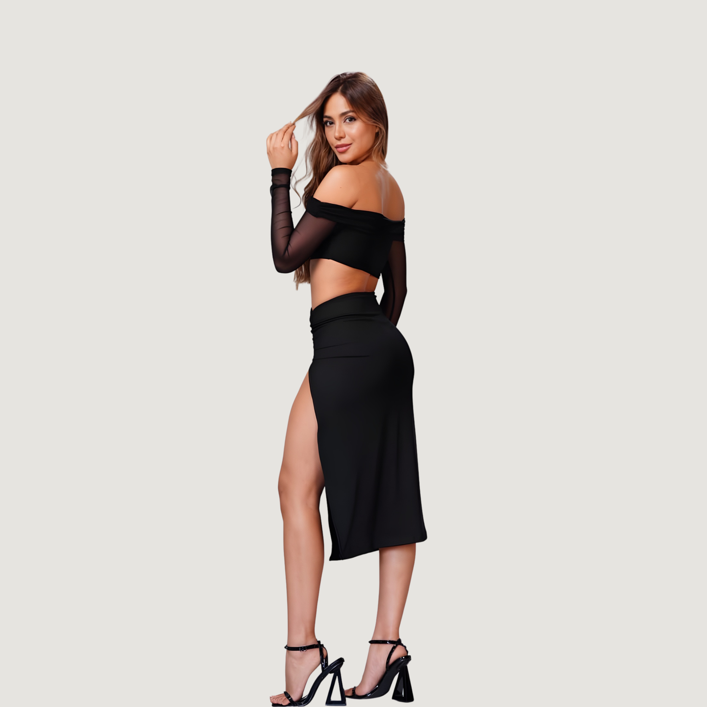 Mesh Spandex Side Slit Pencil