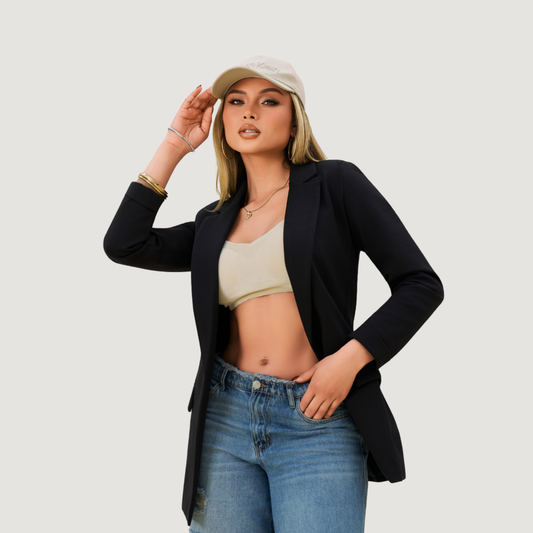 Black Long-Line Blazer, Faux Wool Fabric, Flap Pockets, Fully Lined