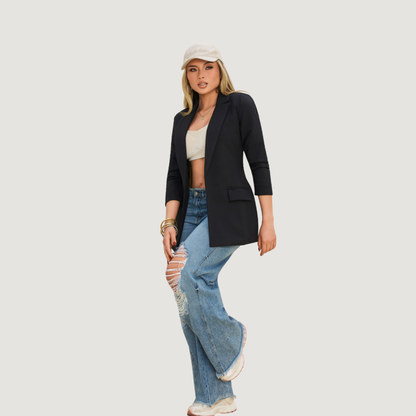 Black Long-Line Blazer, Faux Wool Fabric, Flap Pockets, Fully Lined