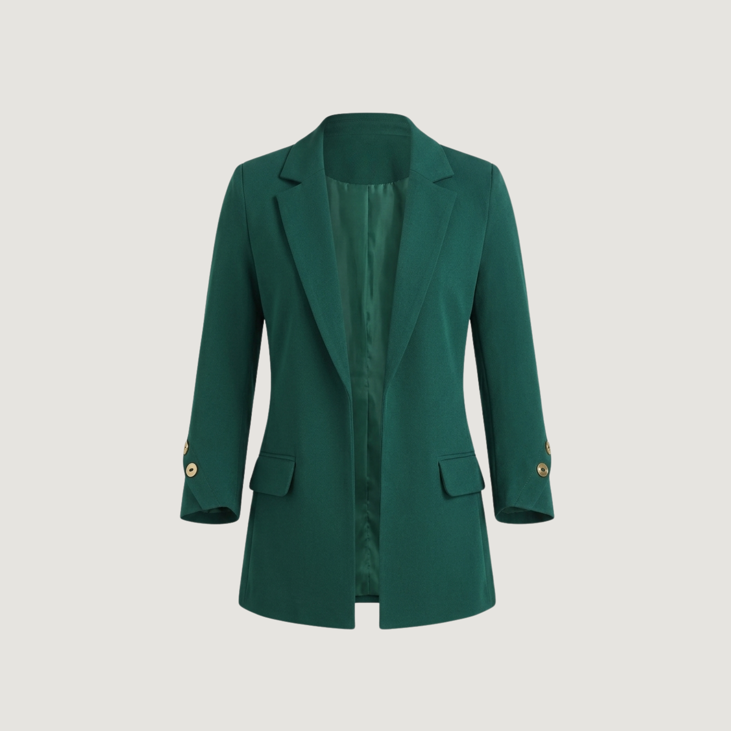 Emerald Green Tailored Blazer for Women – Lined, Pocketed, and Custom Cuff Detail.