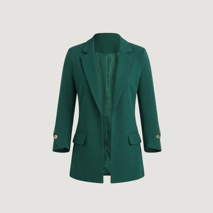 Emerald Green Tailored Blazer for Women – Lined, Pocketed, and Custom Cuff Detail.